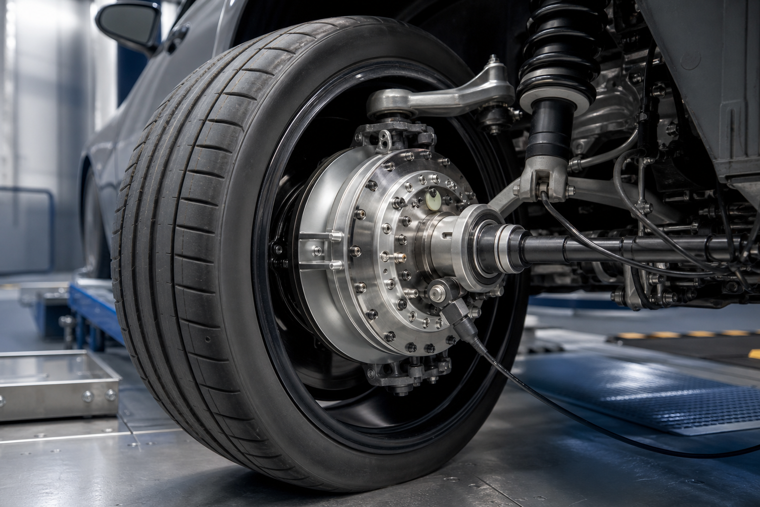 Wheel force transducer on an automotive test vehicle